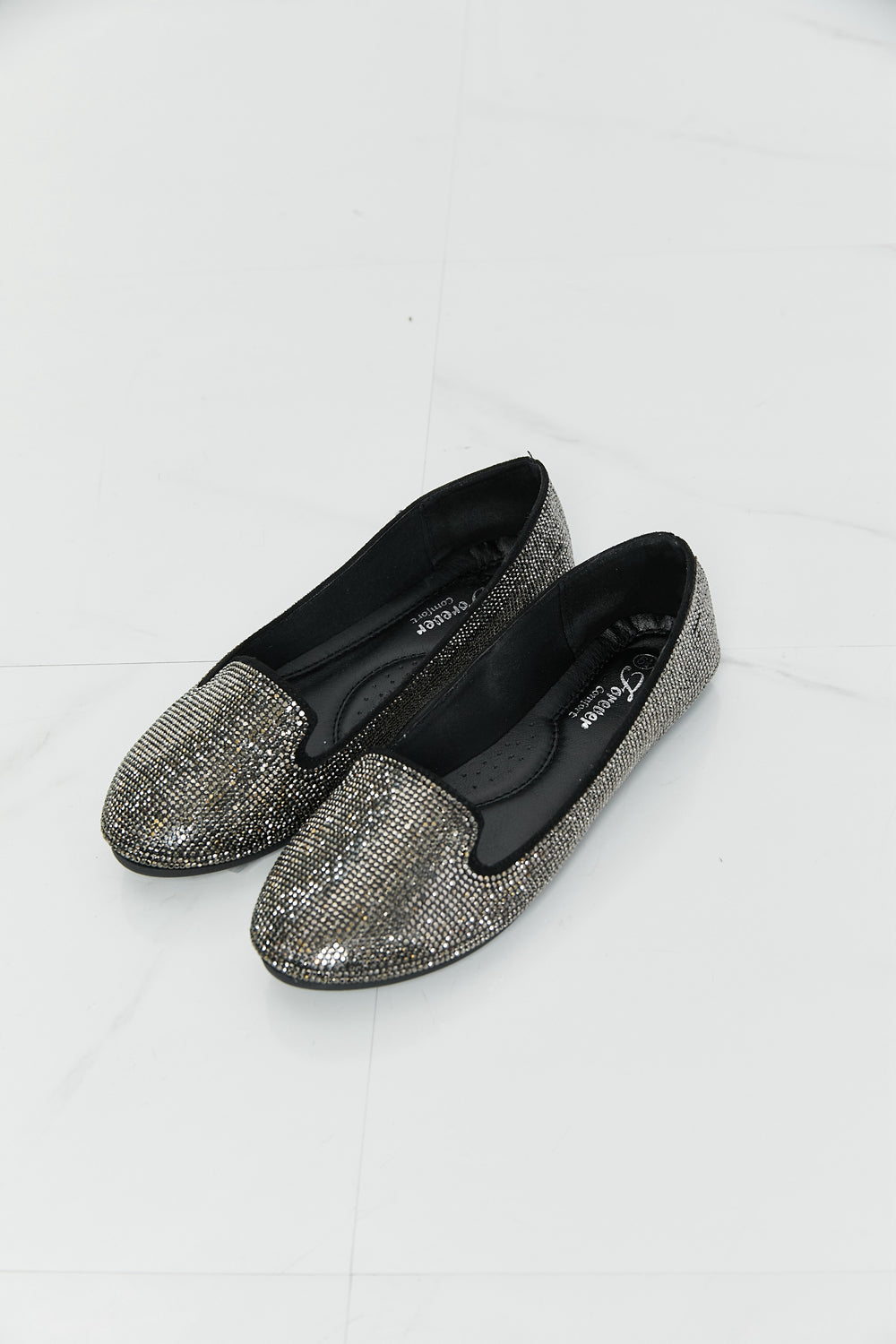 Forever Link Rhinestone Round Toe Flats in Black/Pewter