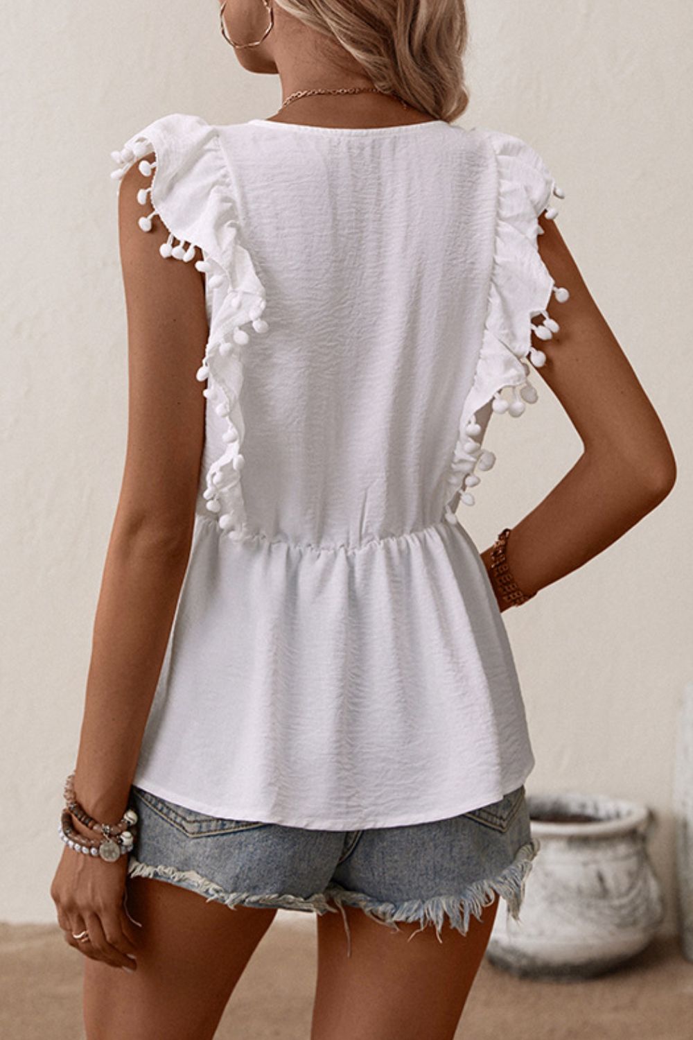 Embroidered Pom-Pom Trim Cap Sleeve Babydoll Top