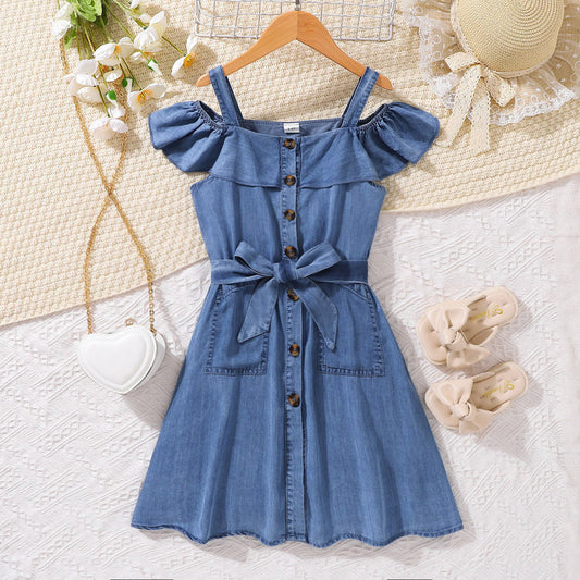 Vestido Niña Botones Hombros Descubiertos Denim