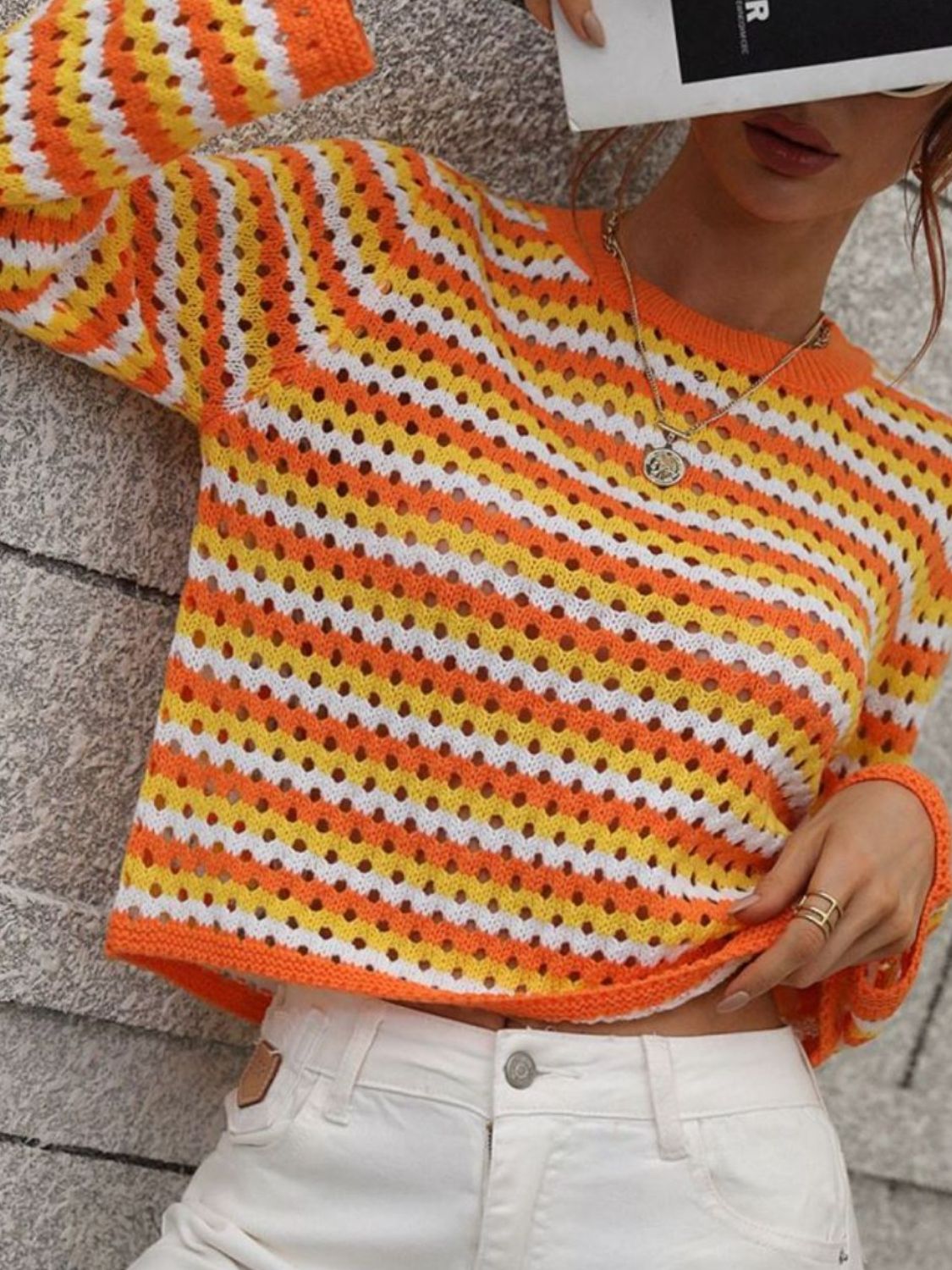 Striped Openwork Long-Sleeve Knit Pullover