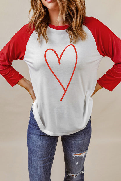 Contrast Baseball Sleeve Heart Graphic Top