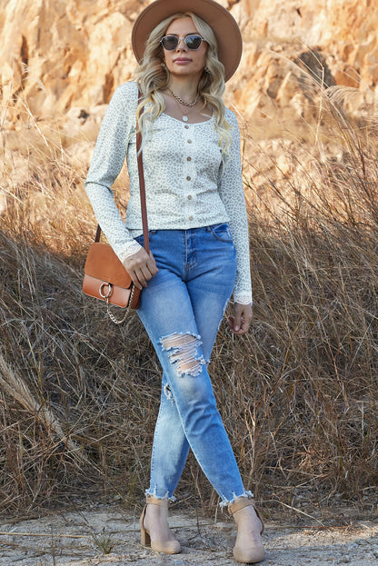 Leopard Buttoned Lace Trim Round Neck Top