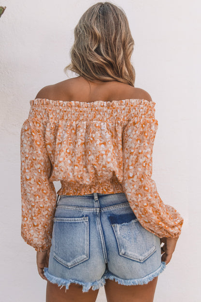 Floral Frill Trim Smocked Off-Shoulder Top