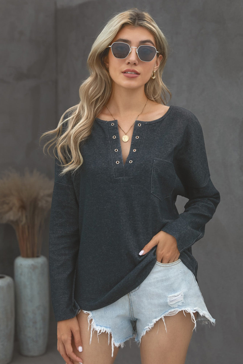 Grommet Long Sleeve V-Neck Top