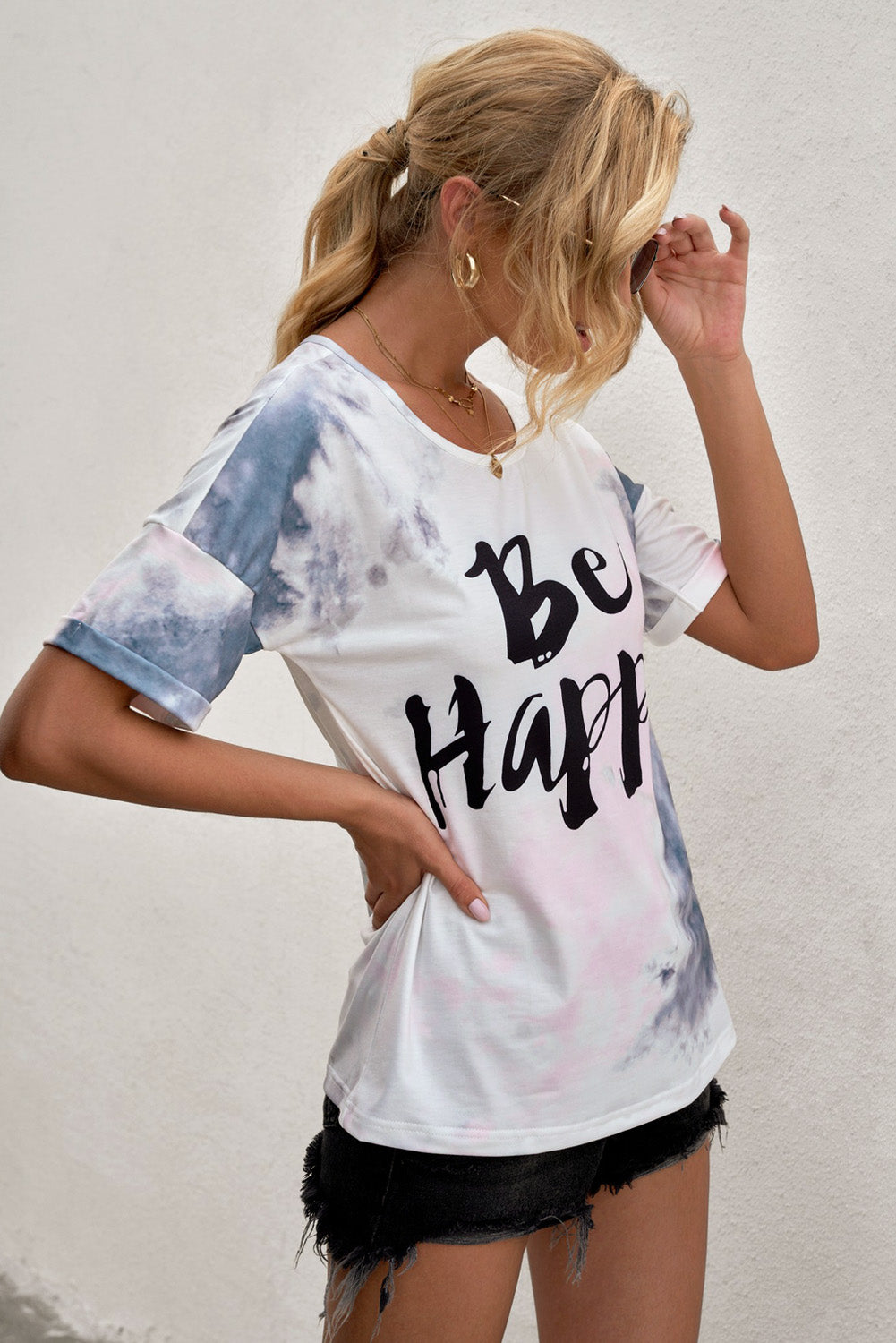 BE HAPPY Camiseta estampada con cuello redondo