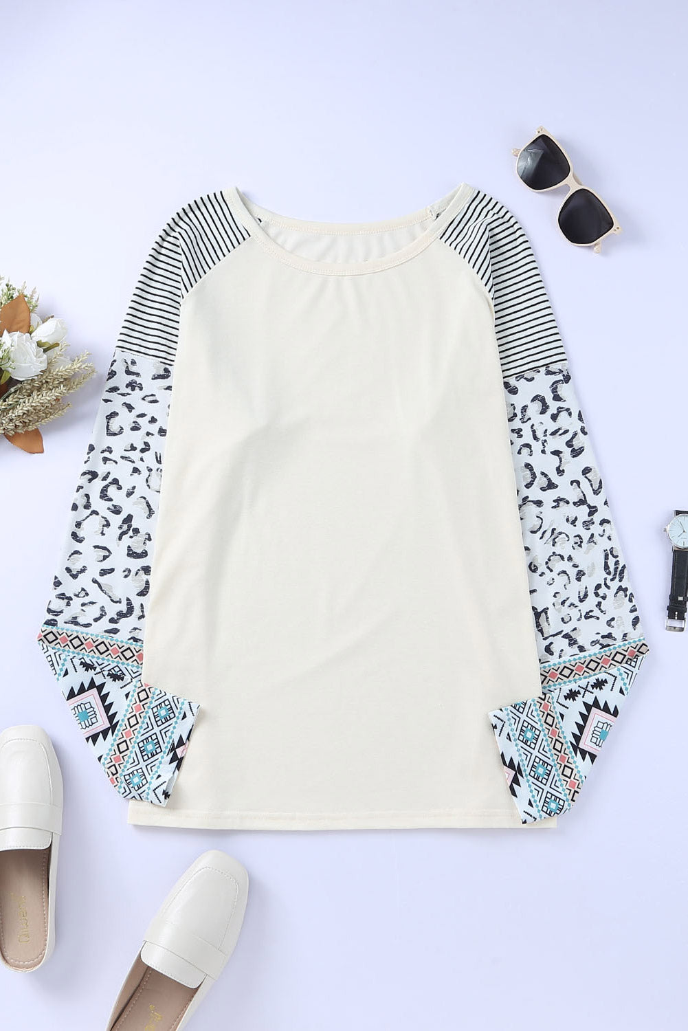 Plus Size Mixed Print Raglan Sleeve Round Neck Top