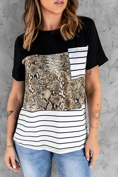 Mixed Print Color Block Round Neck Tee Shirt