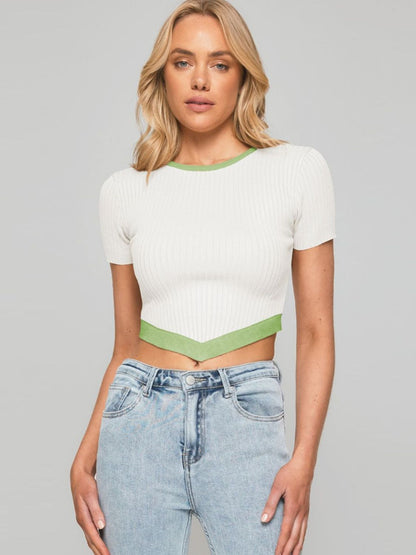 Contrast Trim Pointed Hem Ribbed Crop Top