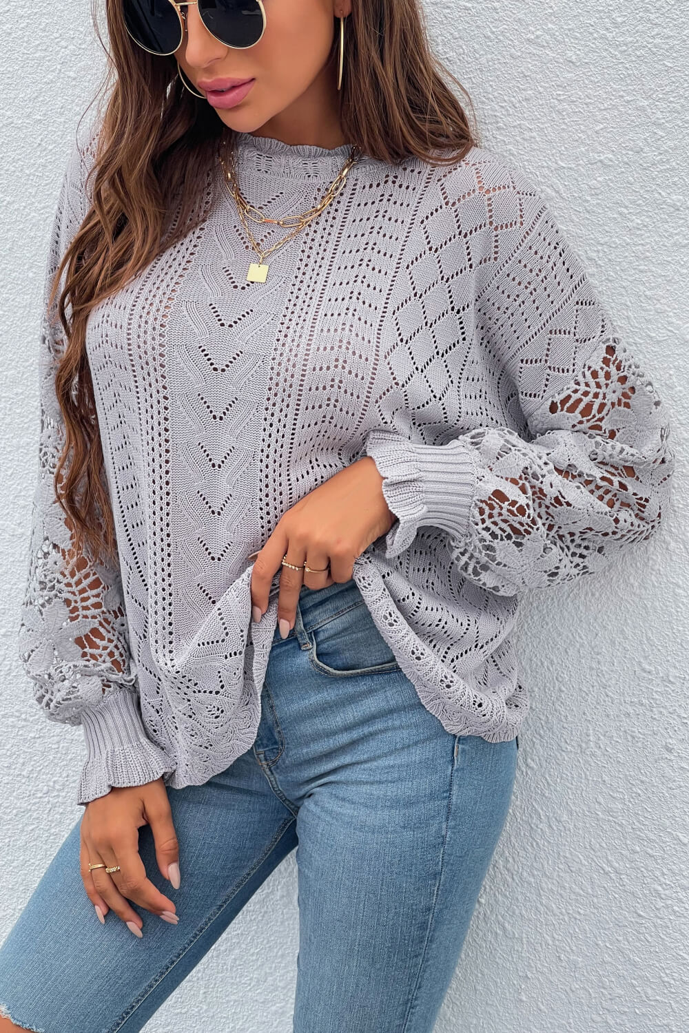 Spliced Lace Crochet Sleeve Sweater