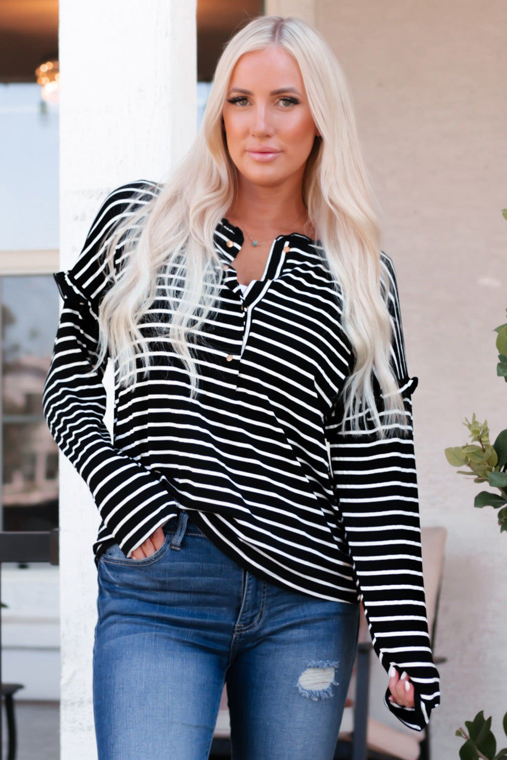 Striped Half Button Frill Trim Top