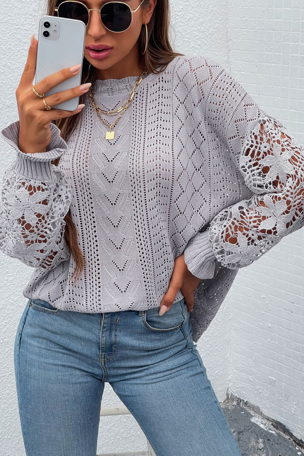 Spliced Lace Crochet Sleeve Sweater