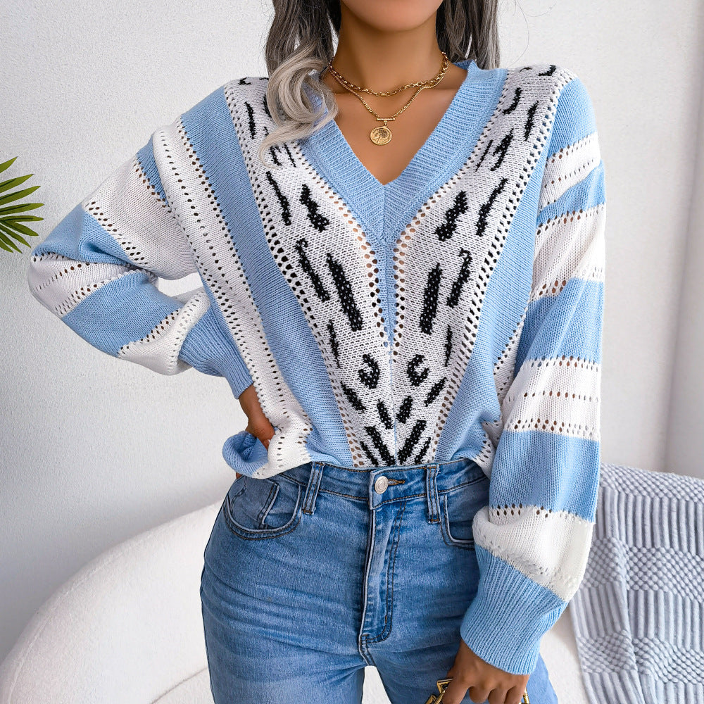 Striped Lantern Sleeve V-Neck Sweater