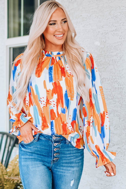 Paint Print Ruffle Collar Flounce Sleeve Top