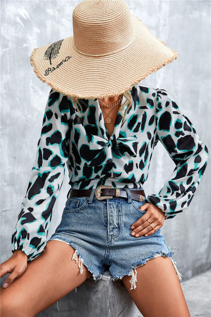 Printed Tie Neck Puff Sleeve Blouse