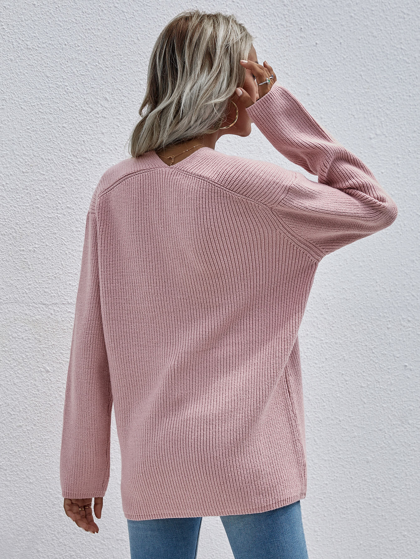 V-Neck Rib-Knit Drop Shoulder Tunic Sweater