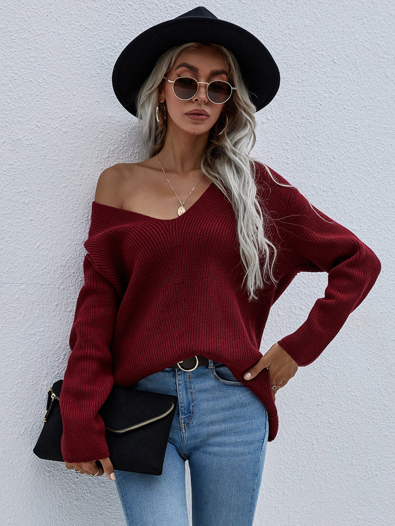 V-Neck Rib-Knit Drop Shoulder Tunic Sweater