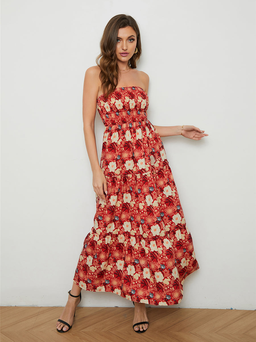 Vestido floral sin tirantes con espalda baja