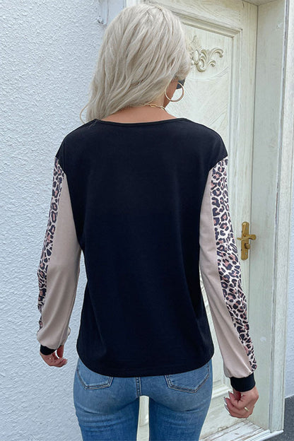 Leopard Color Block Long Sleeve Sweatshirt