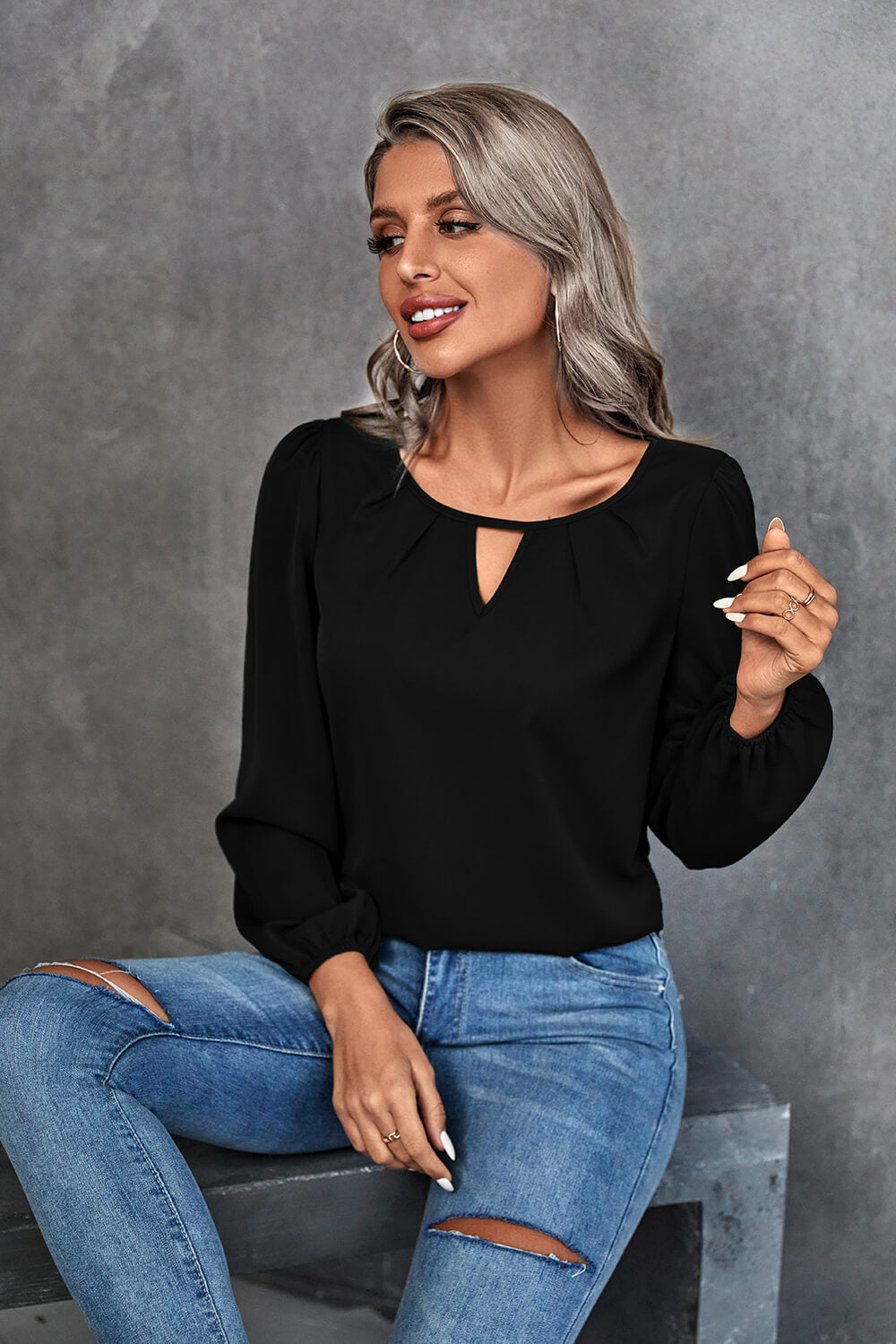 Pleated Detail Cutout Puff Sleeve Blouse