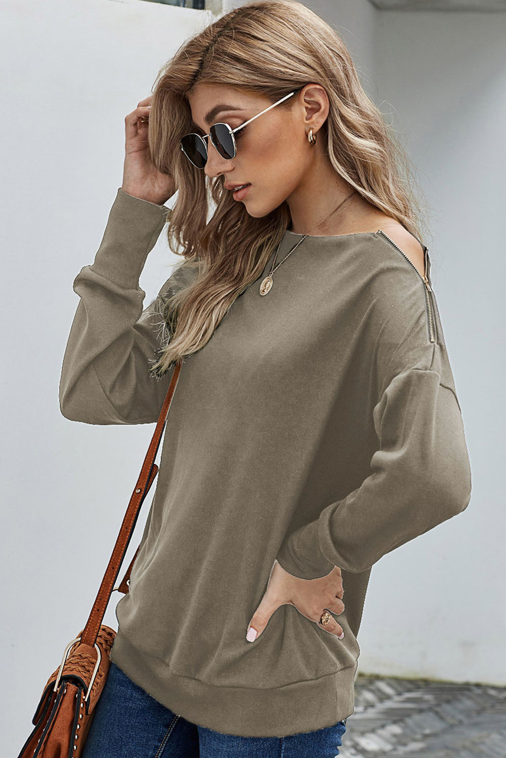 Zipper Detail Boat Neck Dropped Shoulder Sweatshirt