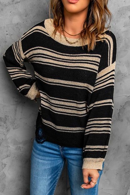 Striped Round Neck Distressed Sweater