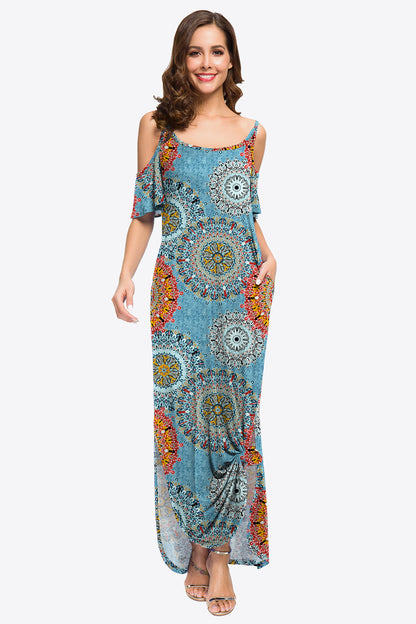 Slit Scoop Neck Cold-Shoulder Maxi Dress