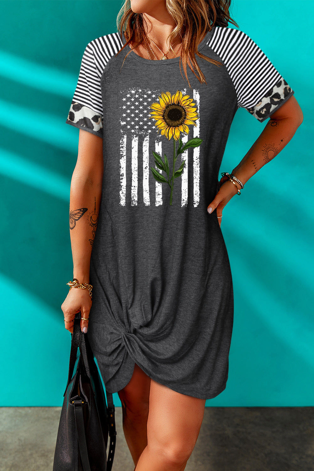 Vestido retorcido con estampado mixto de girasoles