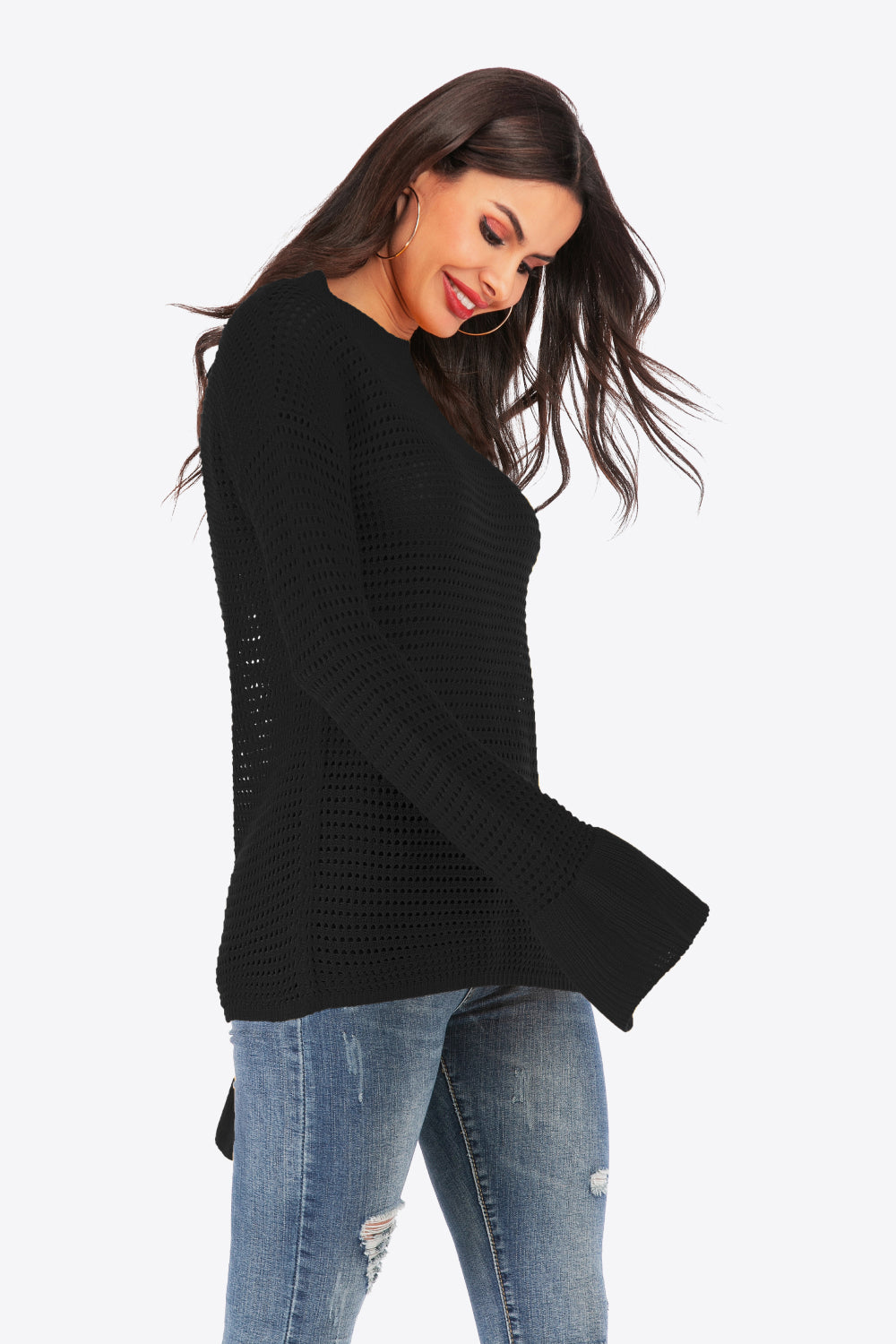 Openwork Flare Sleeve Round Neck Sweater