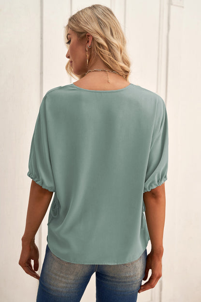 Contrast V-Neck Drawstring Cuff Blouse