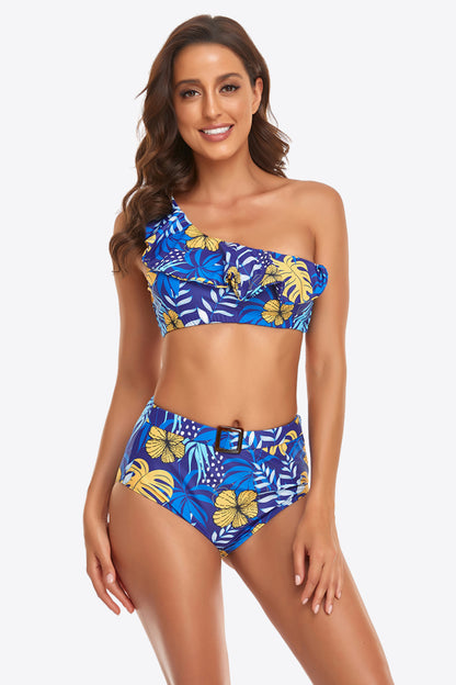 Ruffled One-Shoulder Buckled Bikini Set