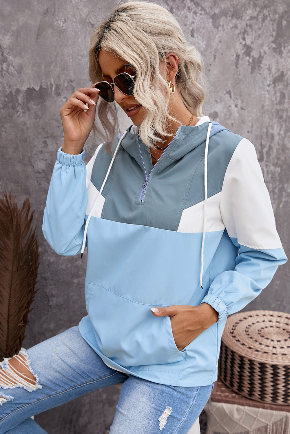 Color Block Quarter-Zip Drawstring Hoodie