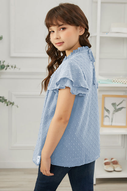 Blusa de manga volante con fruncido de lunares suizos para niñas