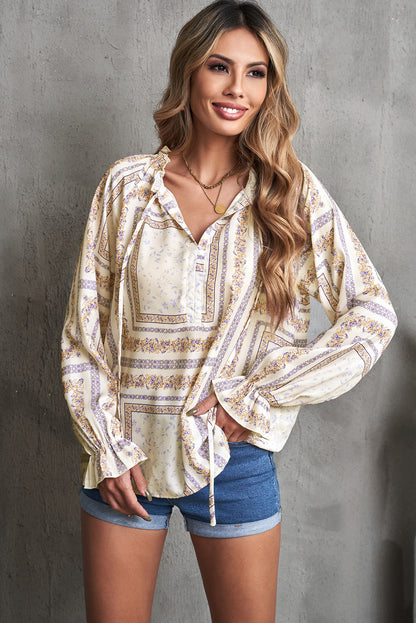 Printed Flounce Sleeve Ruffled Neck Blouse