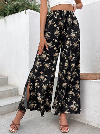 Pantalones de pierna ancha con abertura lateral floral