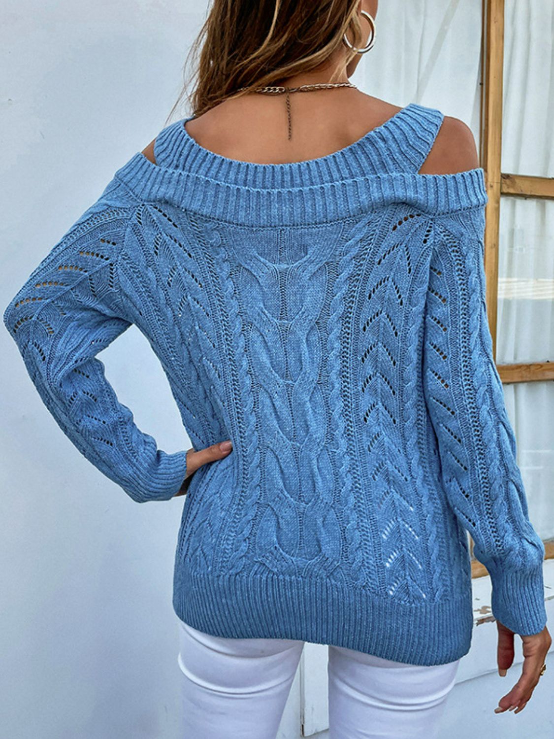 Cable-Knit Ribbed Trim Cold-Shoulder Sweater