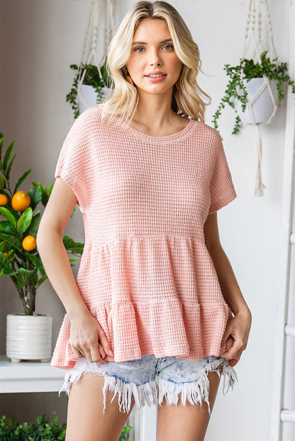 Waffle-Knit Buttoned Ruffle Hem Top