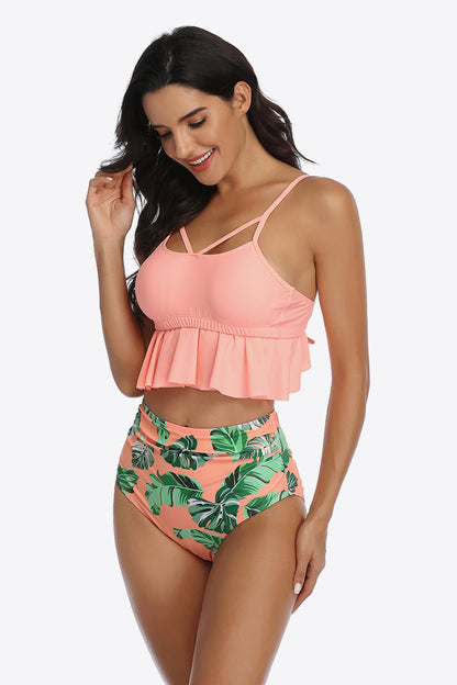 Tropical Print Ruffled Two-Piece Swimsuit