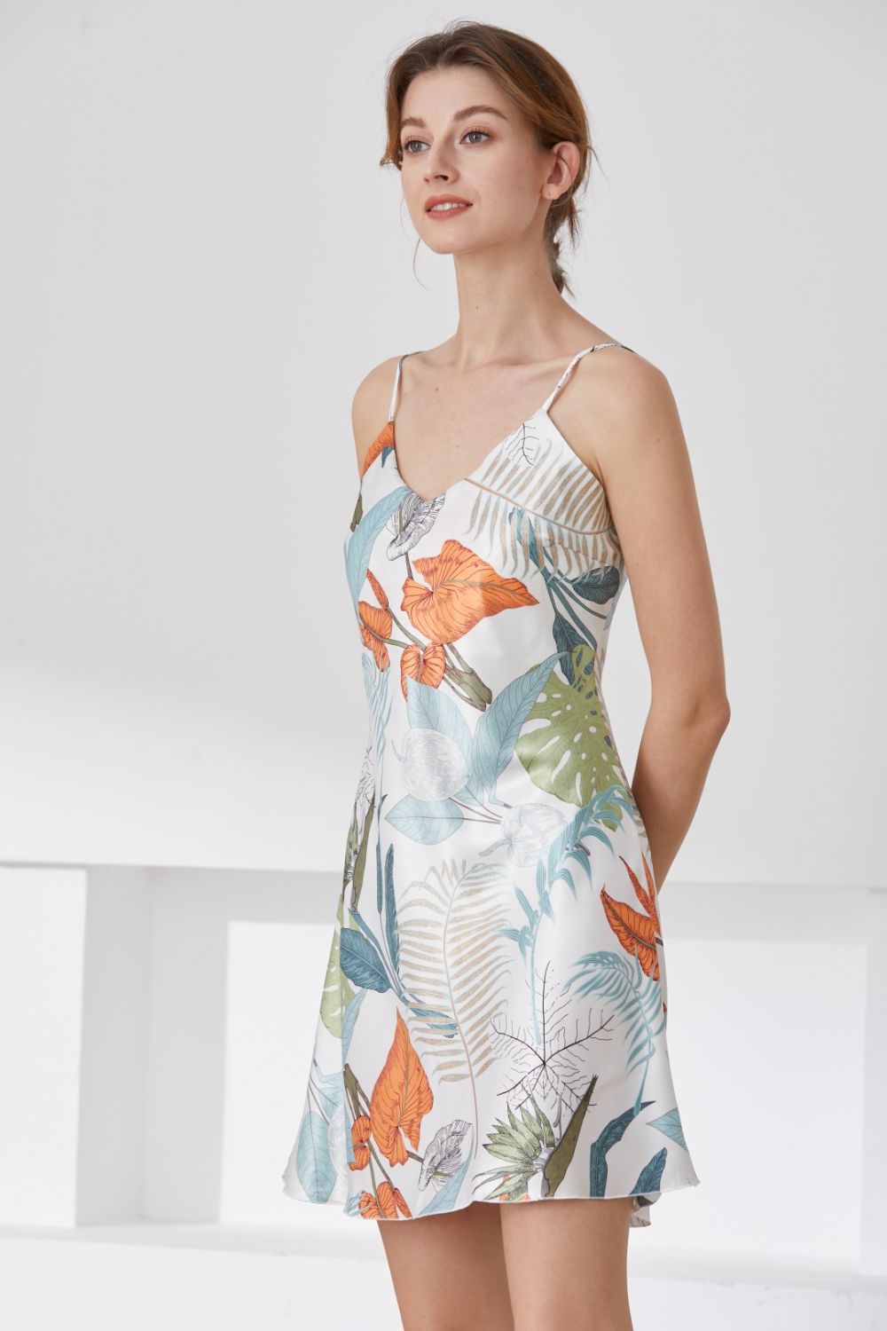 Botanical Print V-Neck Spaghetti Strap Night Dress