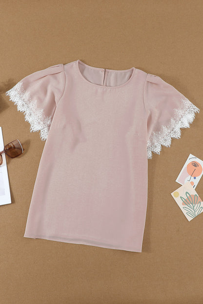 Lace Trim Flutter Sleeve Blouse