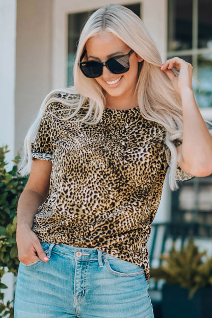 Camiseta de manga corta con volantes de leopardo para mujer