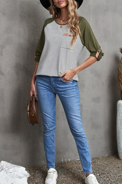 Striped Color Block Roll-Tab Sleeve Top