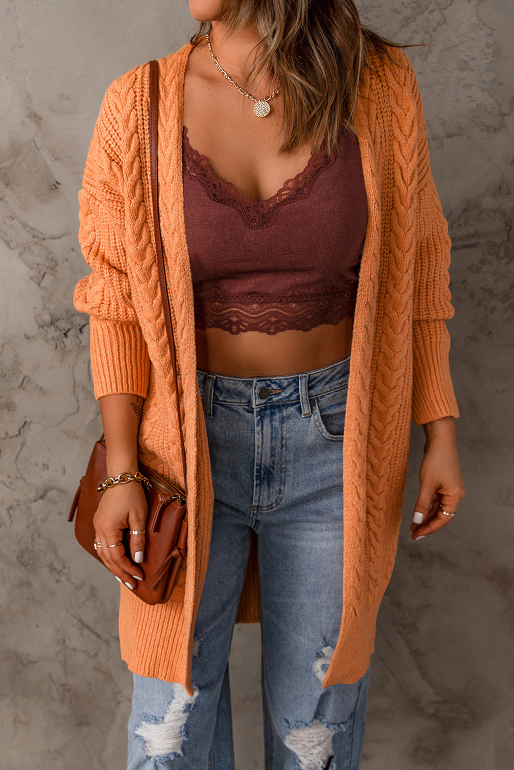 Cable-Knit Open Front Sweater Cardigan