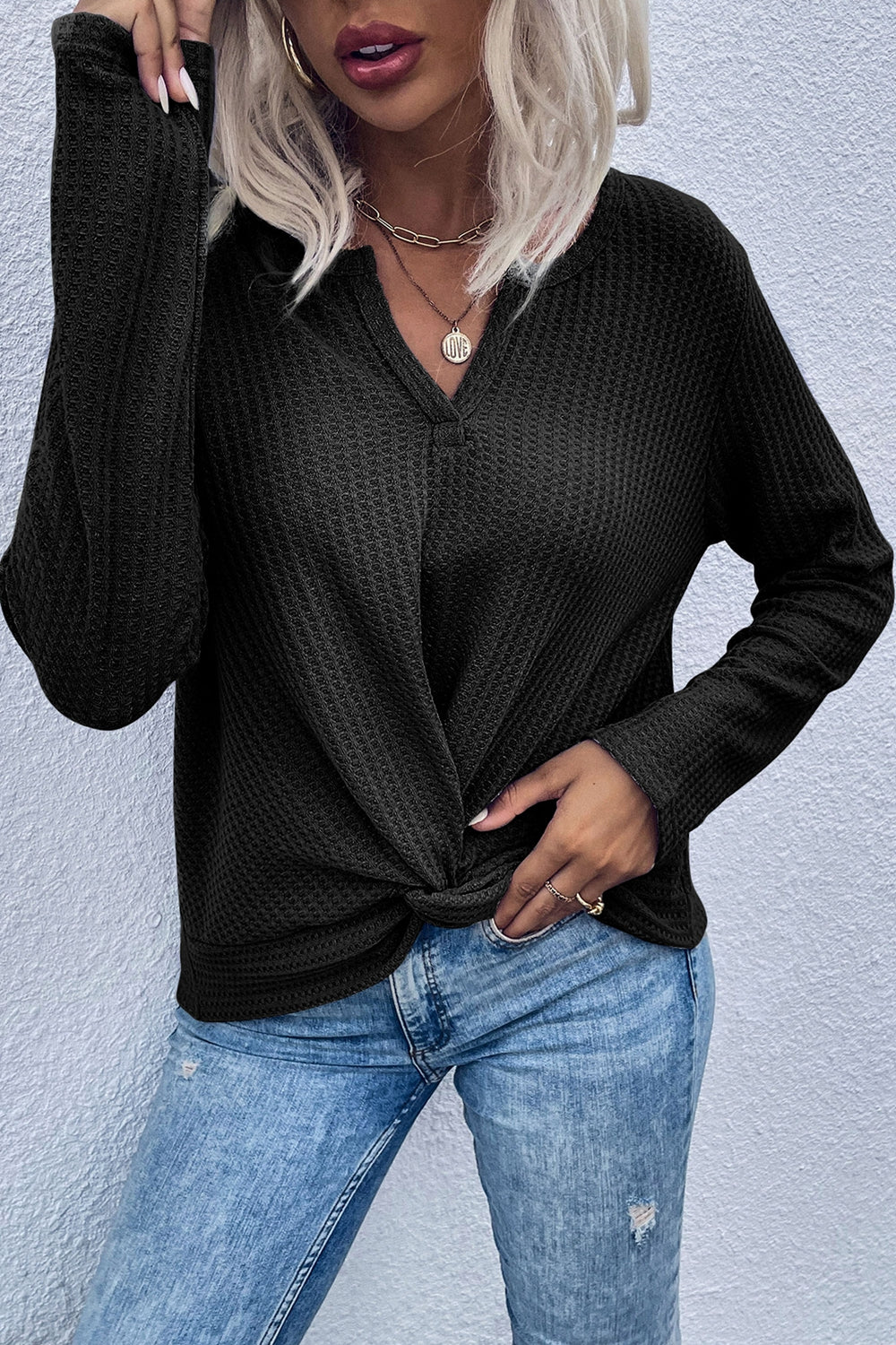 Twist Front Long Sleeve Waffle Knit Top