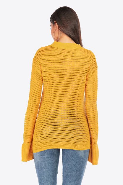 Openwork Flare Sleeve Round Neck Sweater