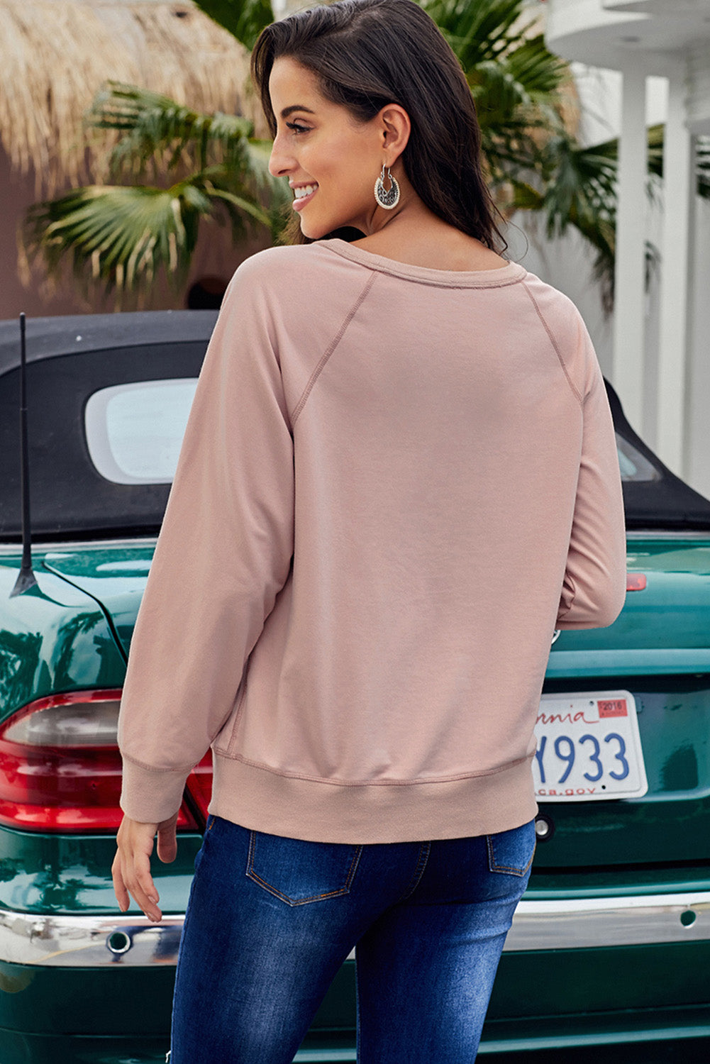 Round Neck Raglan Sleeve Exposed Seam Sweatshirt