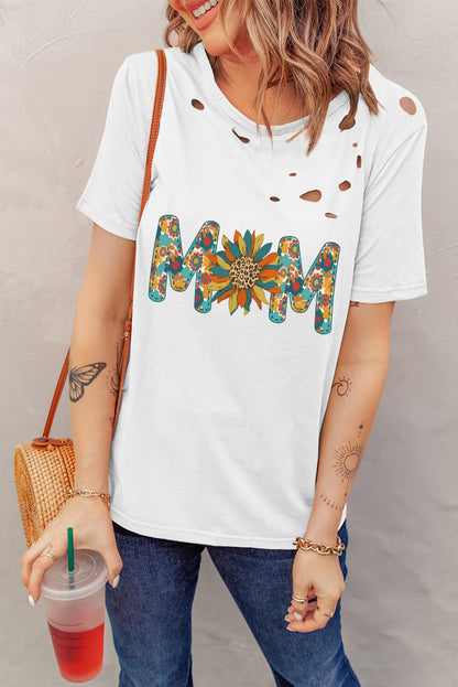 Camiseta desgastada con estampado de girasol y letra