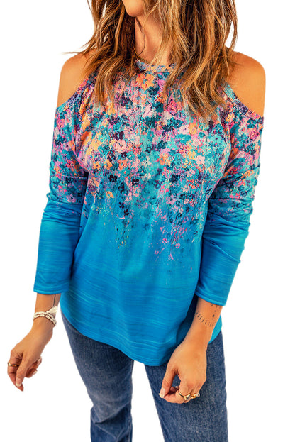 Floral Cold-Shoulder Long Sleeve Round Neck Top