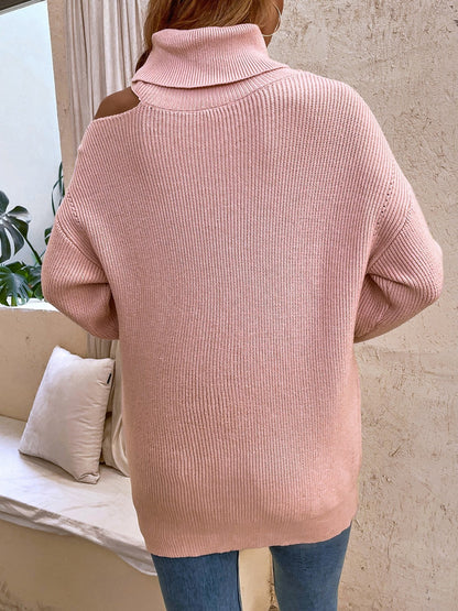 Cold-Shoulder Turtleneck Rib-Knit Sweater