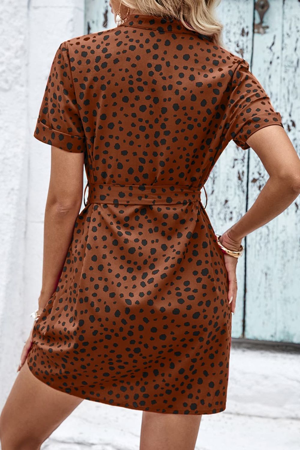 Dotted Short Sleeve Tie Belt Dress