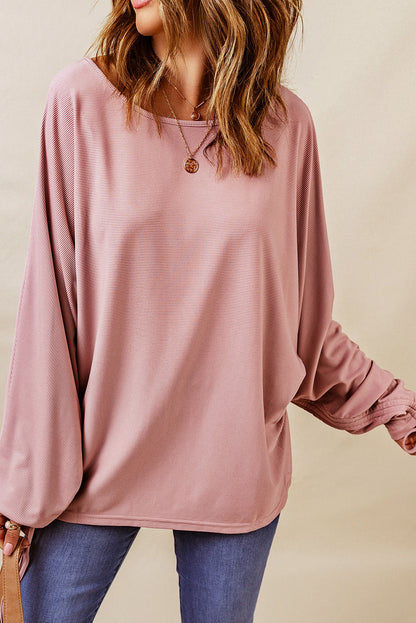 Ribbed Drawstring Dolman Sleeve Top